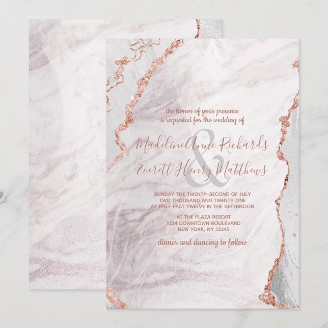 White & Rose Gold Agate Marble Foil Gilded Wedding Invitation (Front/Back)