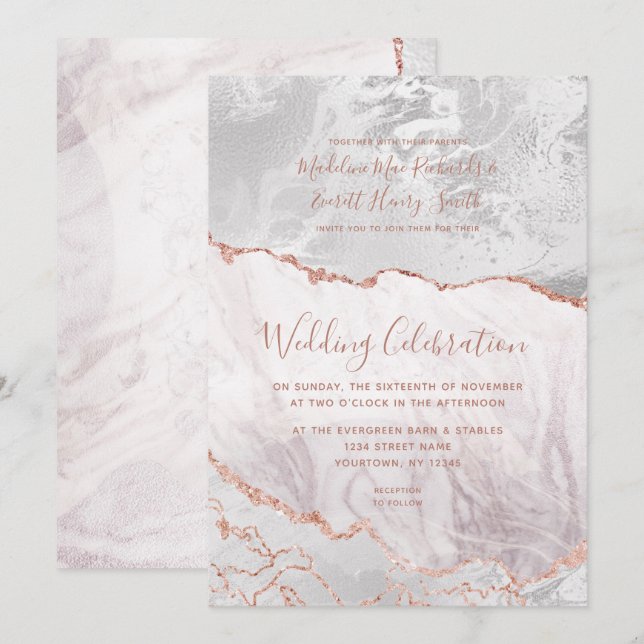 White & Rose Gold Agate Marble Foil Gilded Wedding Invitation (Front/Back)