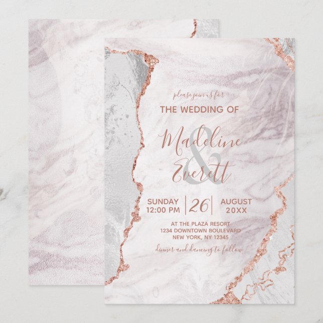 White & Rose Gold Agate Marble Foil Modern Wedding Invitation (Front/Back)