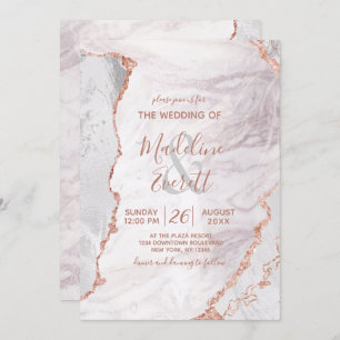 White & Rose Gold Agate Marble Foil Modern Wedding Invitation