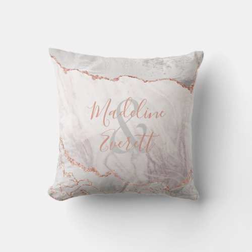 White  Rose Gold Agate Marble Foil Monogram Ring Throw Pillow