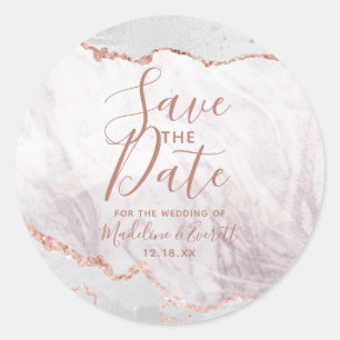 White & Rose Gold Agate Marble Foil Save the Date Classic Round Sticker