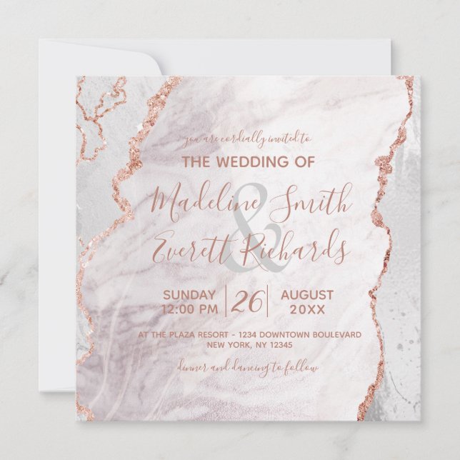 White & Rose Gold Agate Marble Foil Square Wedding Invitation (Front)