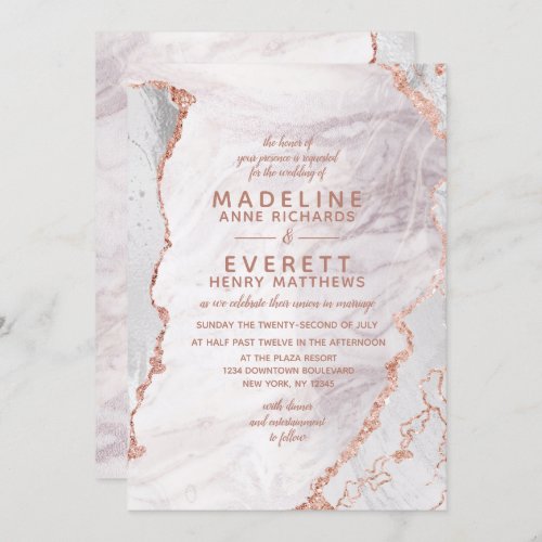 White  Rose Gold Agate Marble Foil Trendy Wedding Invitation
