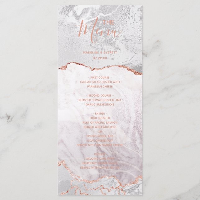 White & Rose Gold Agate Marble Foil Wedding Menu (Front)