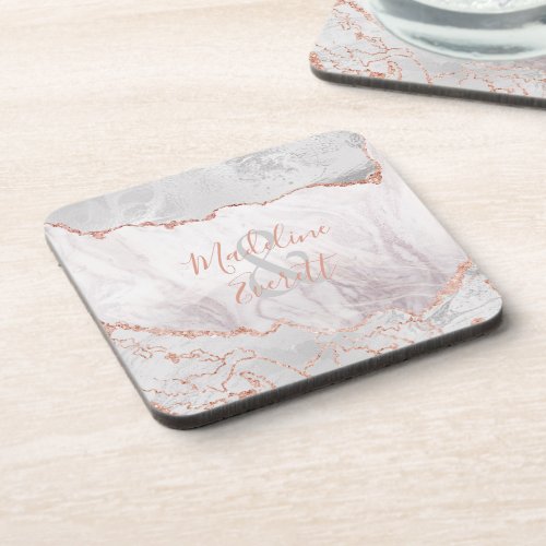 White  Rose Gold Agate Marble Wedding Monogram Beverage Coaster