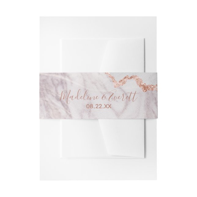 White & Rose Gold Agate Marble Wedding Monogram Invitation Belly Band (Front Example)