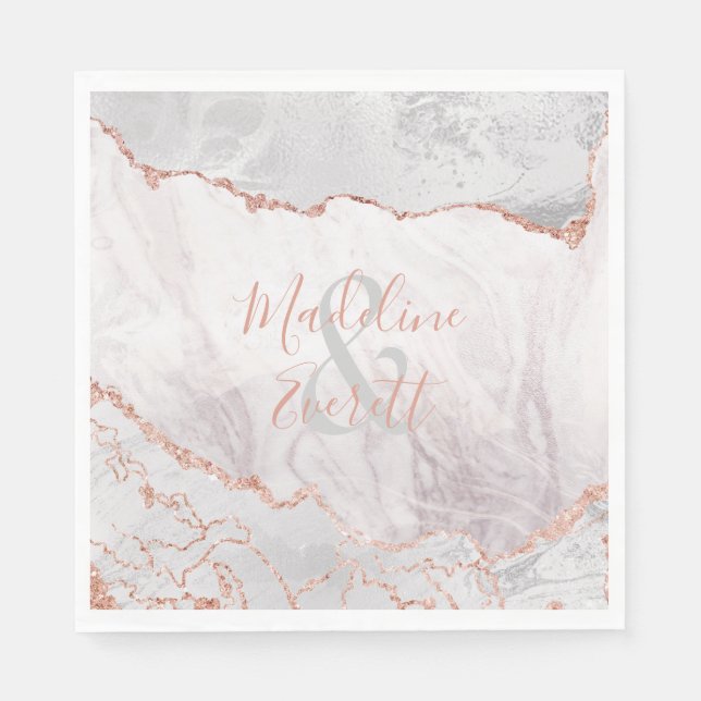 White & Rose Gold Agate Marble Wedding Monogram Napkins (Front)