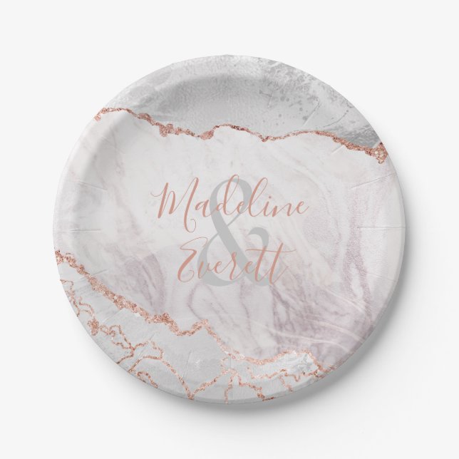 White & Rose Gold Agate Marble Wedding Monogram Paper Plates (Front)