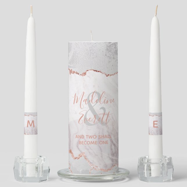 White & Rose Gold Agate Marble Wedding Monogram Unity Candle Set (Front)