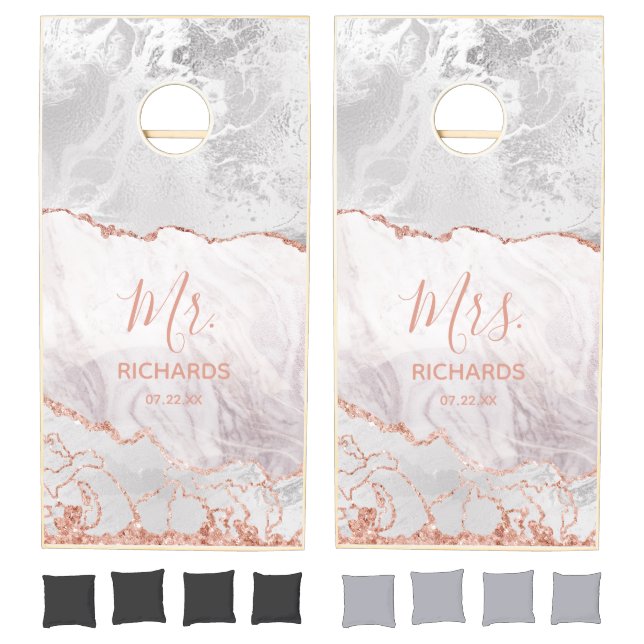 White & Rose Gold Agate Marble Wedding Mr & Mrs Cornhole Set (Set)