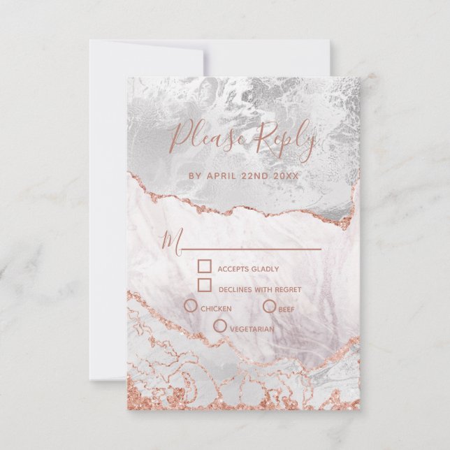 White & Rose Gold Agate Marble Wedding RSVP Reply (Front)