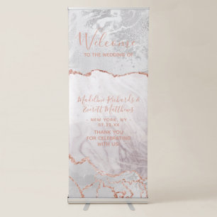 White & Rose Gold Agate Marble Wedding Welcome Retractable Banner