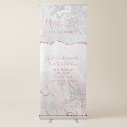 White  Rose Gold Agate Marble Wedding Welcome Retractable Banner