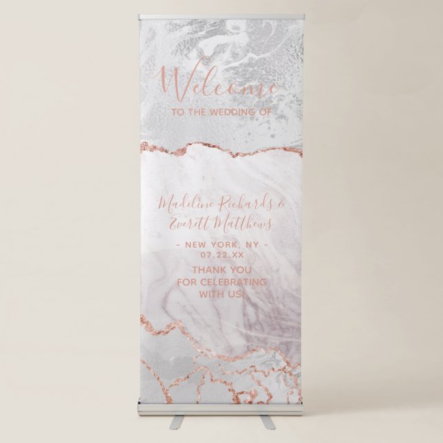 White & Rose Gold Agate Marble Wedding Welcome Retractable Banner (Front)
