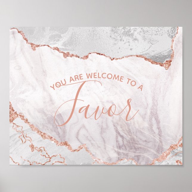 White & Rose Gold Agate Wedding Favor Table Sign (Front)