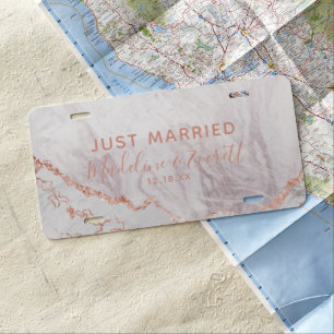 White & Rose Gold Agate Wedding Just Married License Plate