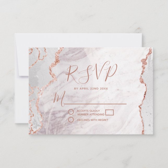 White & Rose Gold Agate Wedding RSVP Response (Front)