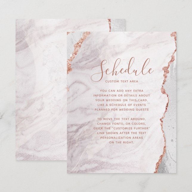 White & Rose Gold Agate Wedding Schedule Card (Front/Back)