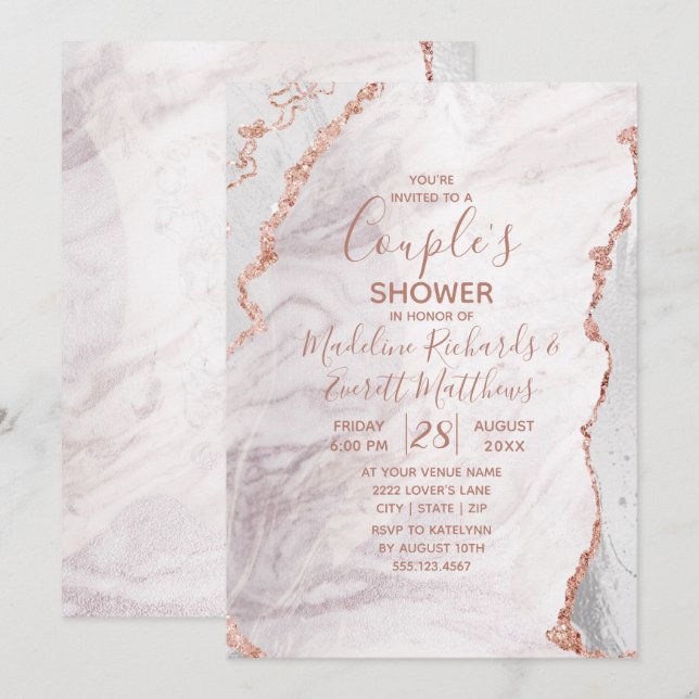White & Rose Gold Agate Wedding Shower Invitation (Front/Back)