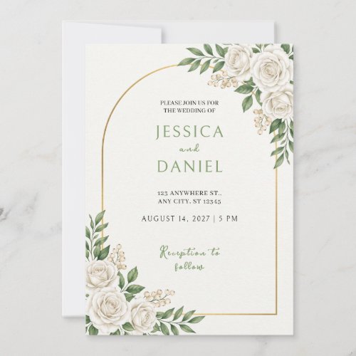 White Rose Gold Arch Border Wedding Invitation