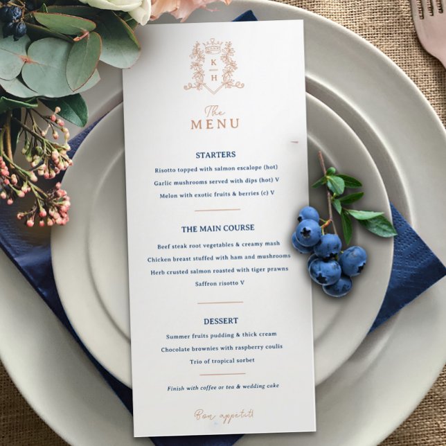 White rose gold blue crown crest monogram wedding menu (Creator Uploaded)