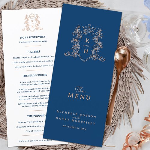 White rose gold blue crown crest monogram wedding menu