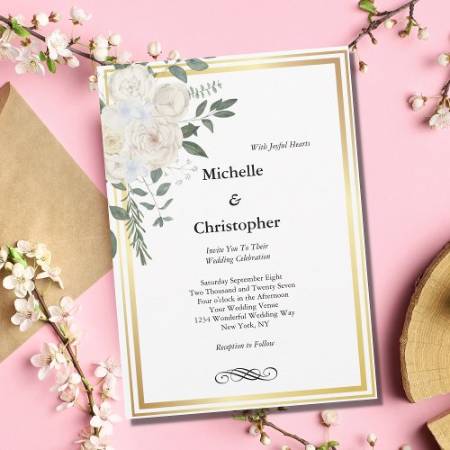 White Rose Gold Border Floral Elegant Wedding  Invitation