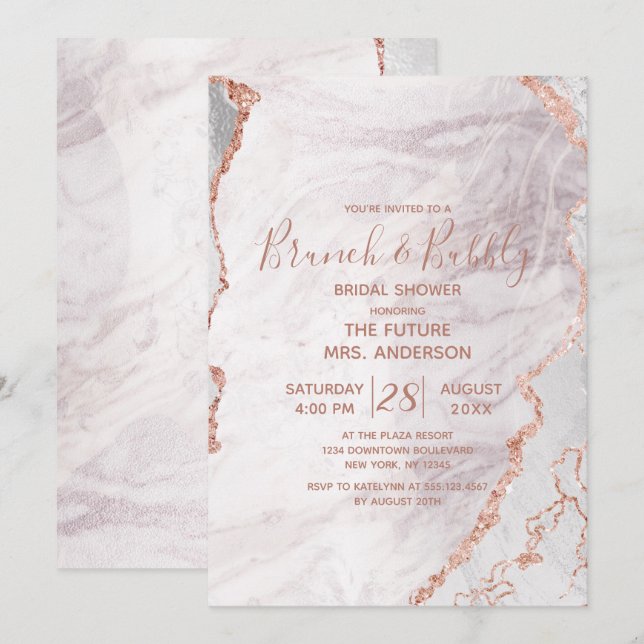 White & Rose Gold Brunch & Bubbly Bridal Shower Invitation (Front/Back)