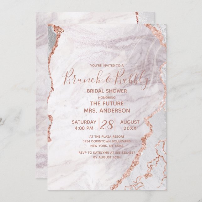 White & Rose Gold Brunch & Bubbly Bridal Shower Invitation (Front/Back)