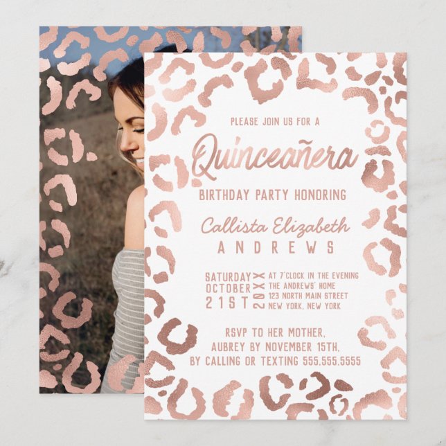 White Rose Gold Cheetah Leopard Quinceañera Photo Invitation (Front/Back)