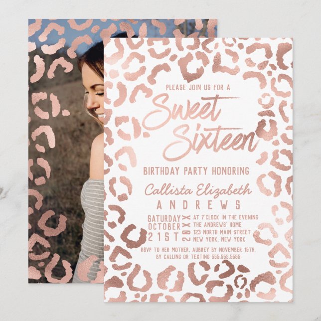 White Rose Gold Cheetah Leopard Sweet 16 Photo Invitation (Front/Back)