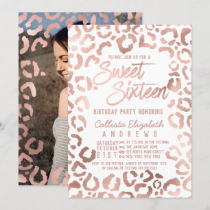White Rose Gold Cheetah Leopard Sweet 16 Photo Invitation