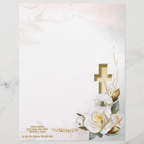 White Rose Gold Cross Floral Letterhead