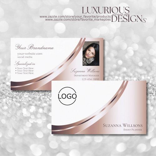 White Rose Gold Decor with Logo and Photo Luxury Business Card