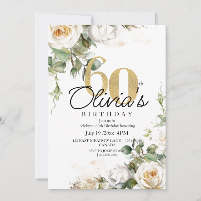 White Rose  & Gold  Dusty Elegant 60th Birthday Invitation (Front)