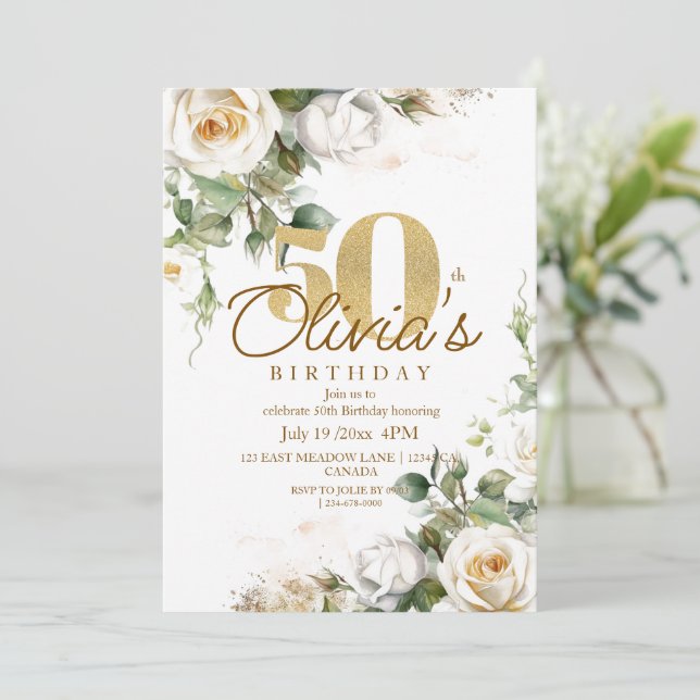 White Rose Gold Elegant Floral 50th Birthday Invitation (Standing Front)