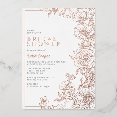 White  Rose Gold  Elegant Floral Bridal Shower Foil Invitation