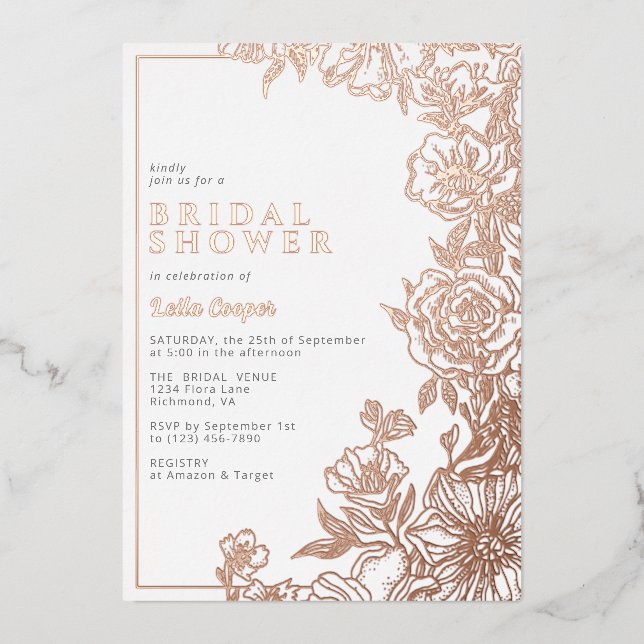 White & Rose Gold | Elegant Floral Bridal Shower Foil Invitation (Front)