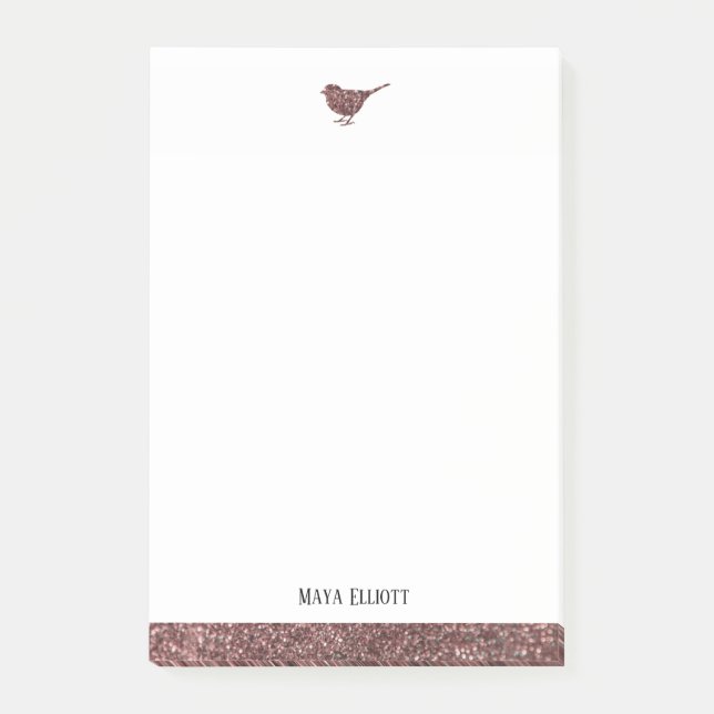 White & Rose Gold Faux Glitter Bird & Border, Name Post-it Notes (Front)
