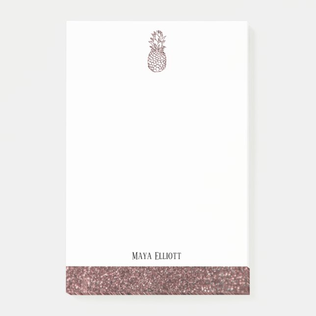 White + Rose Gold Faux Glitter Pineapple & Border Post-it Notes (Front)