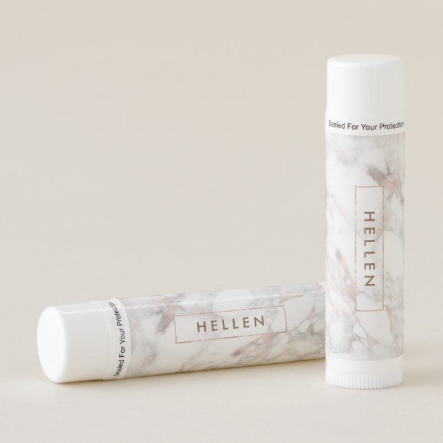 White & Rose-Gold Faux Marble Monogram. Lip Balm (Front)