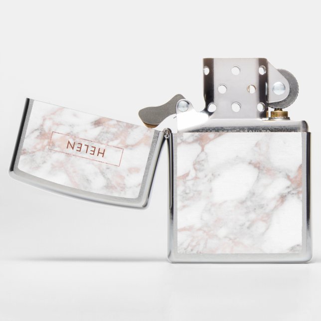 White & Rose-Gold Faux Marble Monogram Zippo Lighter (Opened)