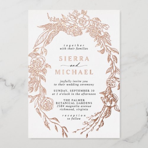 White  Rose Gold Floral  Elegant Garden Wedding Foil Invitation