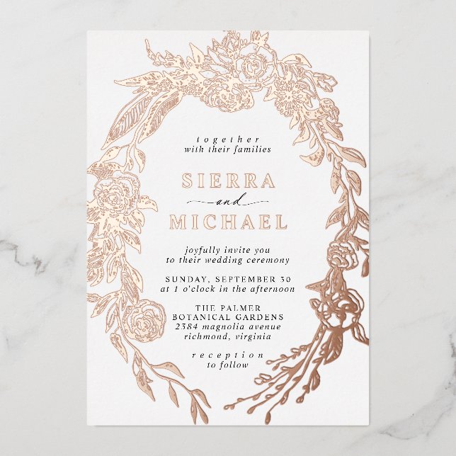 White & Rose Gold Floral | Elegant Garden Wedding Foil Invitation (Front)