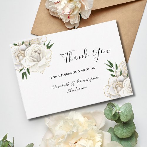 White Rose Gold Floral Elegant Wedding Thank You Card