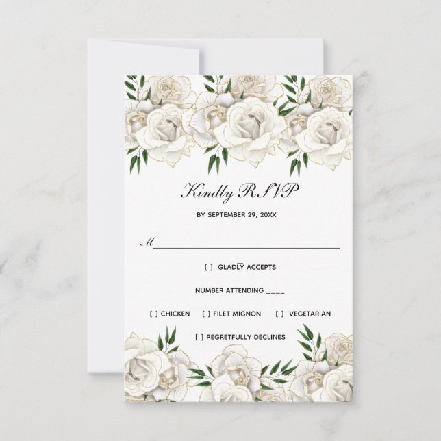 White Rose Gold Floral Formal Elegant Wedding RSVP (Front)