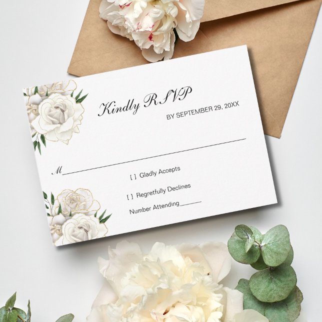 White Rose Gold Floral Formal Elegant Wedding RSVP Card (White Roses with gold trim Wedding RSVP Card. Formal Elegant 5x3.5 inches)
