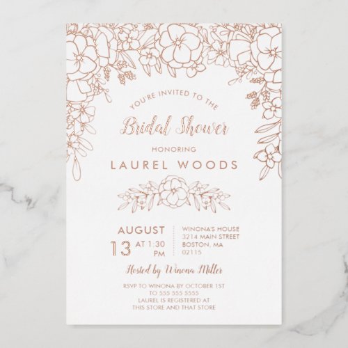 White  Rose Gold Floral Line Art Bridal Shower Foil Invitation