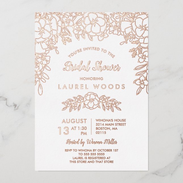 White & Rose Gold Floral Line Art Bridal Shower Foil Invitation (Front)
